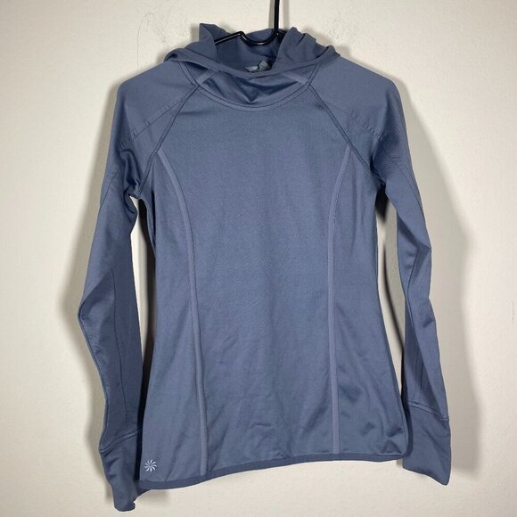 Athleta Gray Hooded Activewear Top Thumb Hole Fitted Pullover XXS Lightweight! - Picture 1 of 6